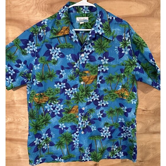 Vintage JC Penney’s Hawaiian Button Shirt 70s Floral Hawaii L/XL? Blue Palms - Picture 1 of 7